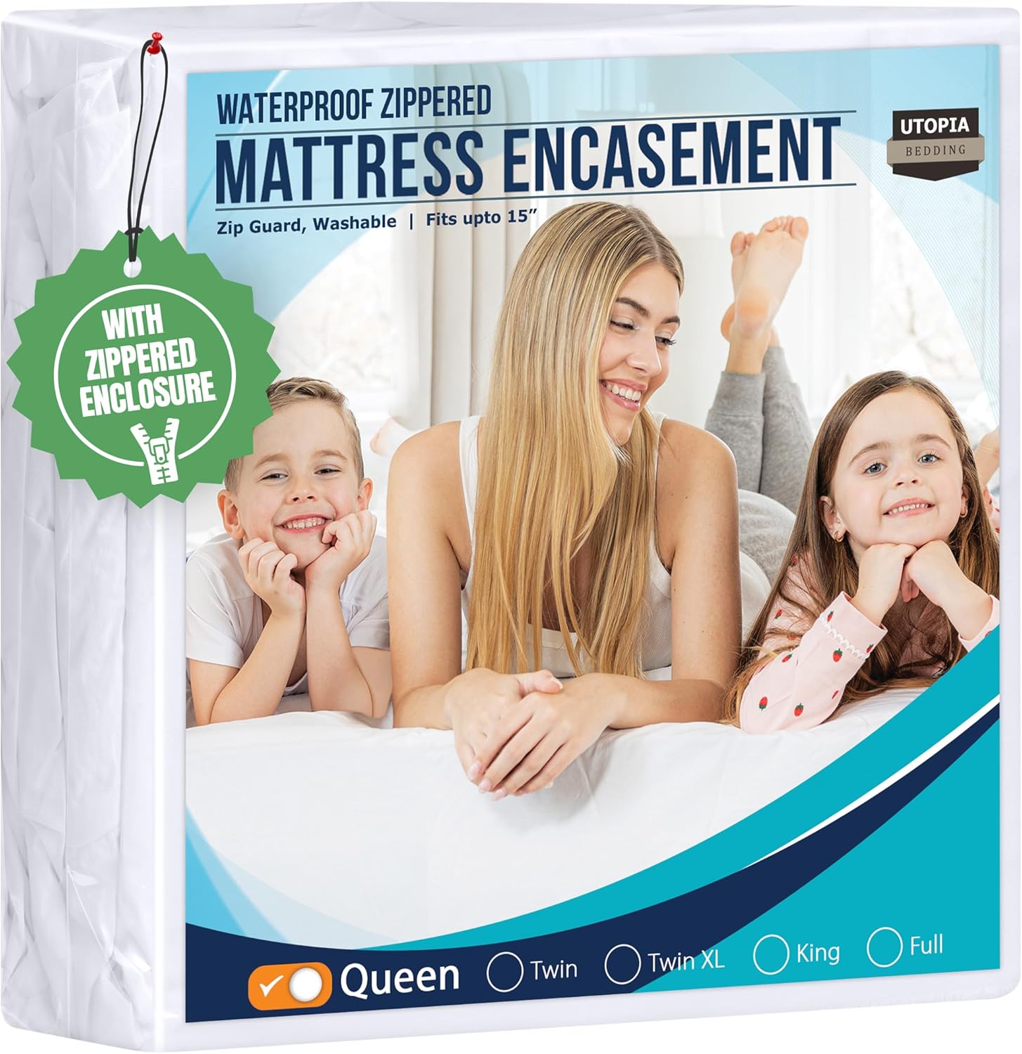 Utopia Bedding Waterproof Mattress Protector Queen Size – Zippered encasement mattress cover, bed bug and dust mite proof, six-sided protection.