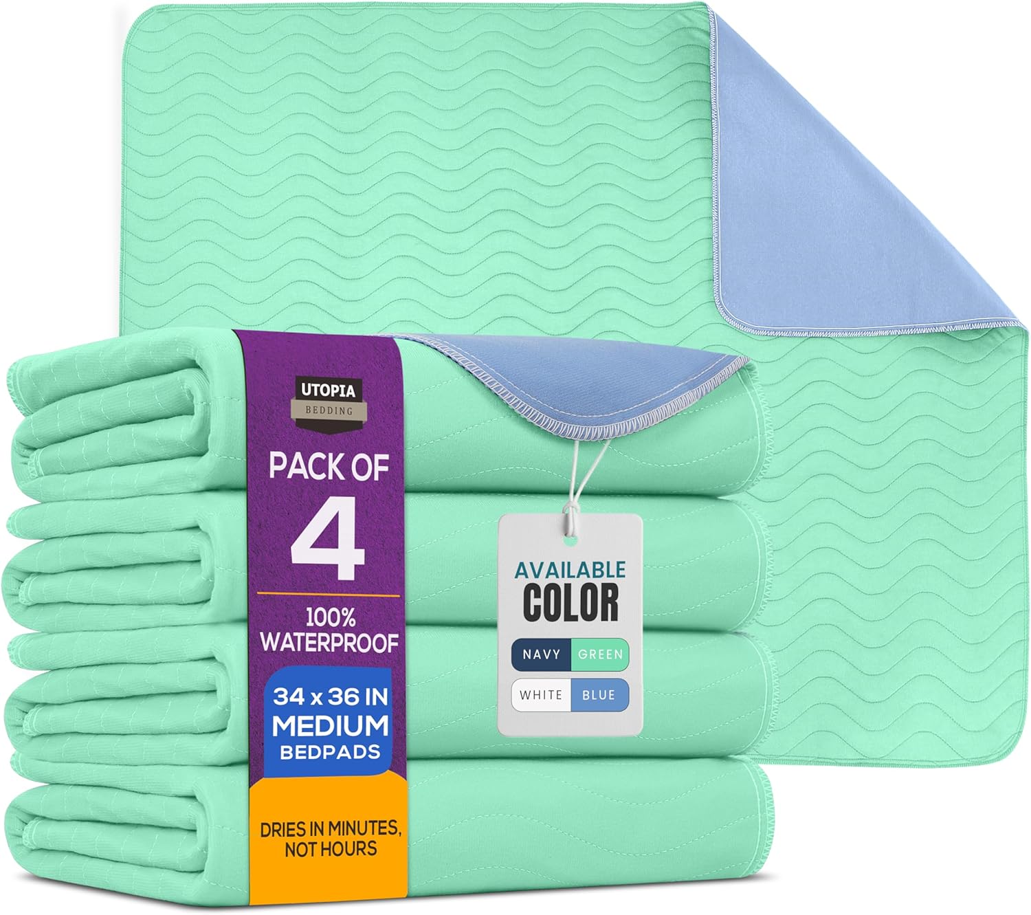 Utopia Bedding Washable Pee Pads 34x36 – Pack of 4 waterproof absorbent pads for dogs, adults, and kids, reusable bed and sofa protectors.